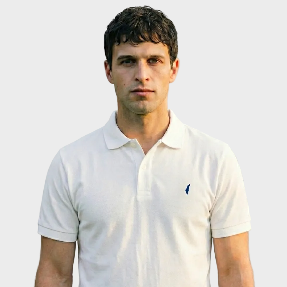 Man wearing a white polo shirt with an Israel logo on a gray background