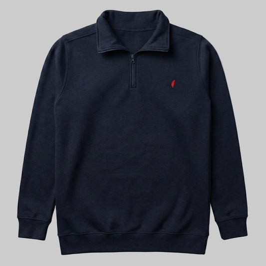 Navy blue pullover with a red logo on a white background