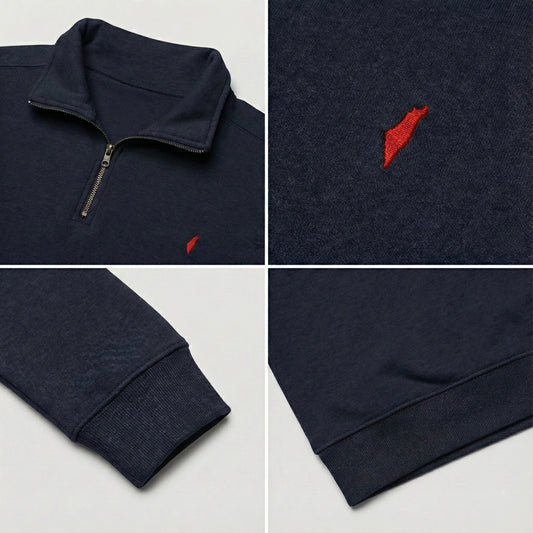 Collage of a navy blue pullover with a red logo, showing details like collar, sleeve, and front.