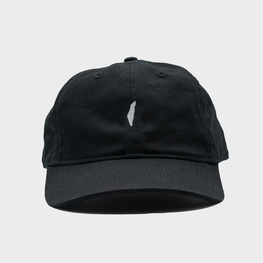 Black baseball cap with a white logo on a light gray background